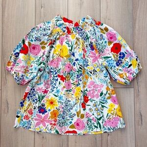 THML Vibrant Floral Frill Mock Neck Puff Short Sleeve Blouse M